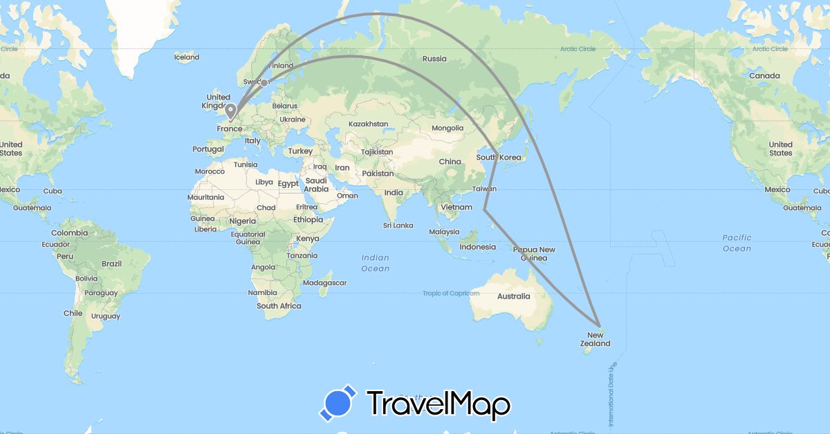 TravelMap itinerary: driving, plane in France, South Korea, Netherlands, New Zealand, Philippines, Sweden (Asia, Europe, Oceania)